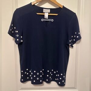 Alfred Dunner Women's Navy Top w white studs. Nautical. Medium petite.